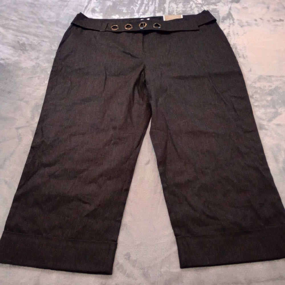 Chicos Ultimate Fit Pants Belted Crop Black Size 3 Cuffed Linen Blend Stretch